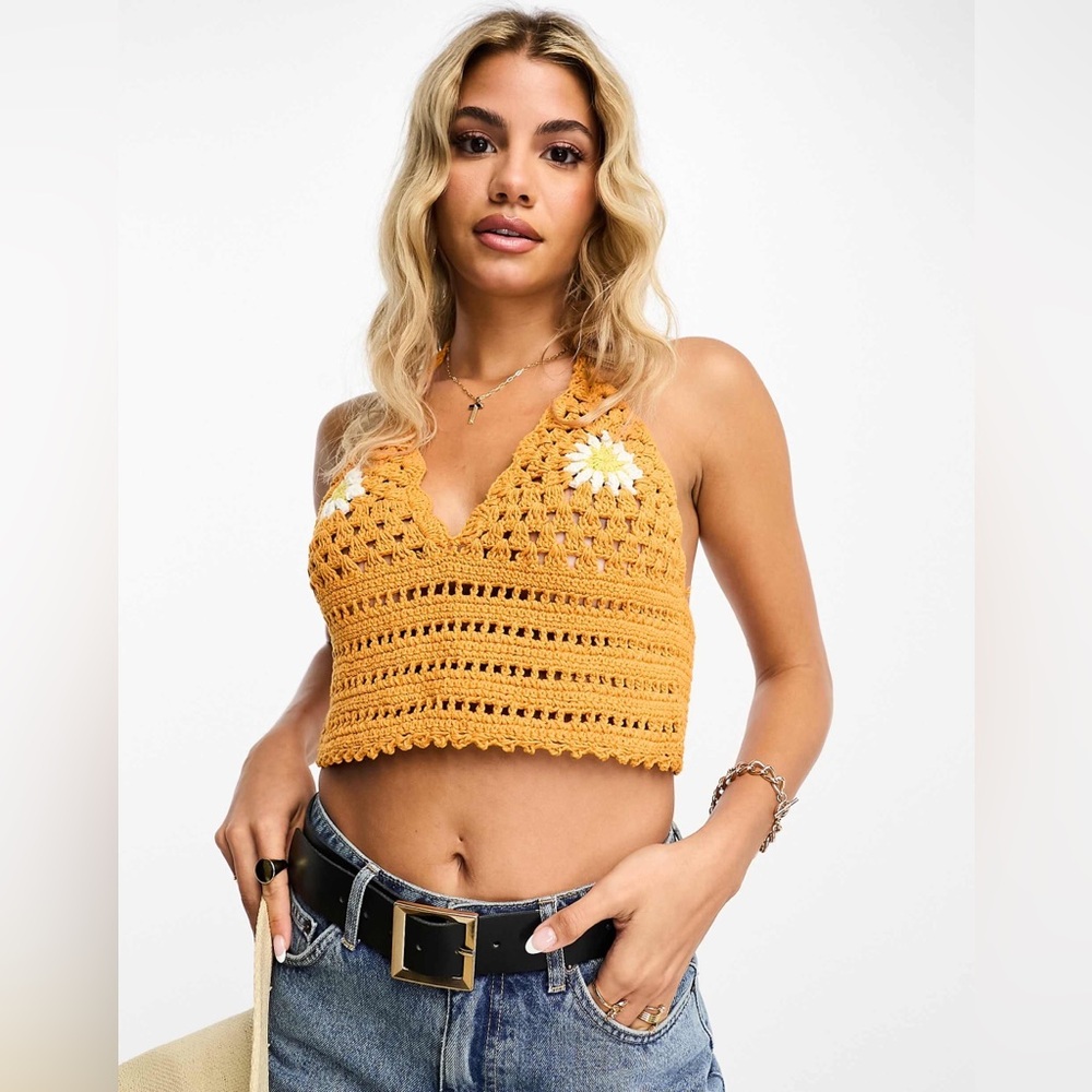 ASOS DESIGN crochet halter neck top with daisy print in orange XS